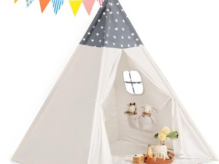 Teepee Tent for Kids Slumber Party - Cotton Canvas Foldable Kids Tent Indoor with Light & Flag Play House Outdoor - Toddler  Playroom for Girls Gift Toys - Tee Pee Tents(Stars Design)