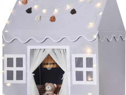 Kids Play Tent Indoor: Mat, Tassel Garland, Star Lights - Gray Girl Tent Playhouse for Toddlers Kids Toys for Boy Girl Birthday Gift