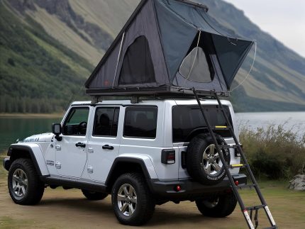 Hard-Shell Roof Top Tent: A 2–3 person aluminum hard-shell tent featuring tri-color LED lighting, a thickened mattress, and a single window; waterproof and windproof.