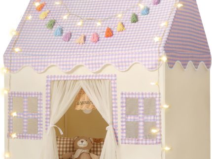 Kids Play Tent Indoor: Mat, Tassel Garland, Star Lights - Purple Checkered Girls Tent Playhouse for Toddlers Kids Toys for Boy Girl Birthday Gift