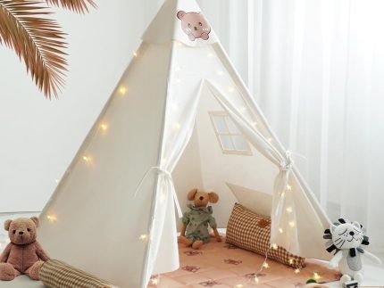 Teepee Tent for Kids-Portable Children Play Tent Indoor Outdoor (White with Mat)