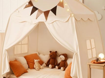Extra Large Kids Play Tent with Flags & Star Lights, Portable & Foldable Teepee, Boys & Girls, Indoor Outdoor Dome Tent Playhouse, 59x39x59 in, Cream