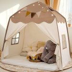 Extra Large Kids Play Tent with Flags & Star Lights, Portable & Foldable Teepee, Bed Tents Bed Canopy for Boys & Girls, Indoor Outdoor  Dome Tent Playhouse,Kids Birthday Gift, 59x39x59in, Brown